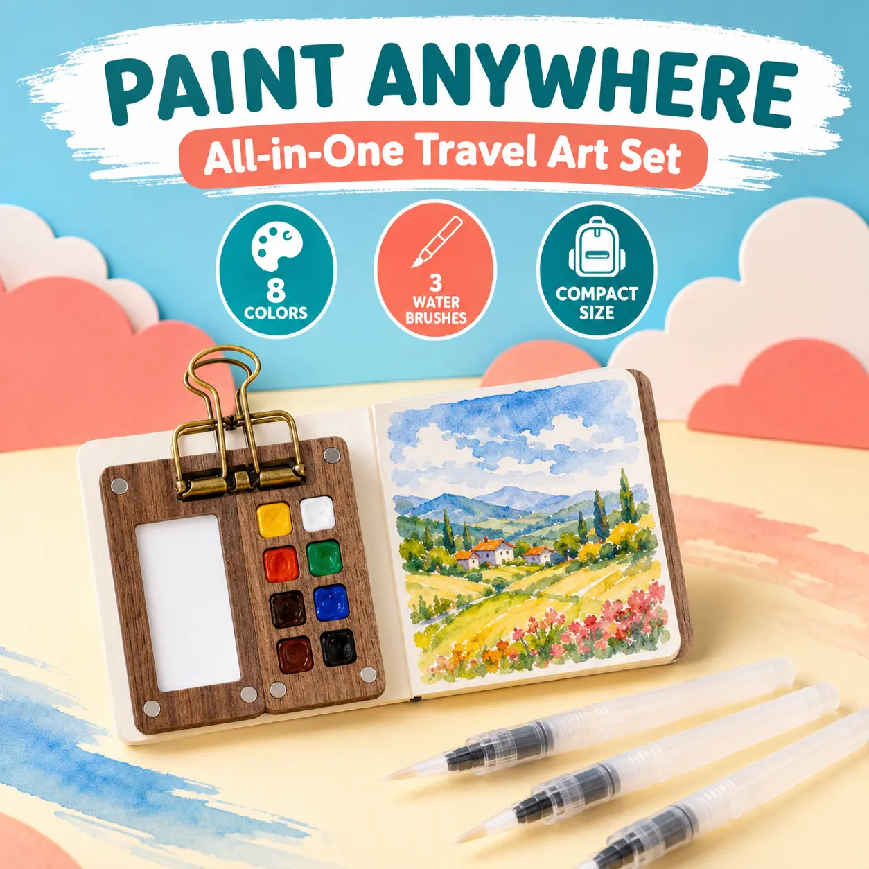 Mini Watercolor Travel Art Set with 8-Well Walnut Wood Palette, Binder Clip, Pocket Sketchbook and 3 Refillable Water Brush Pens for Beginners and Artists