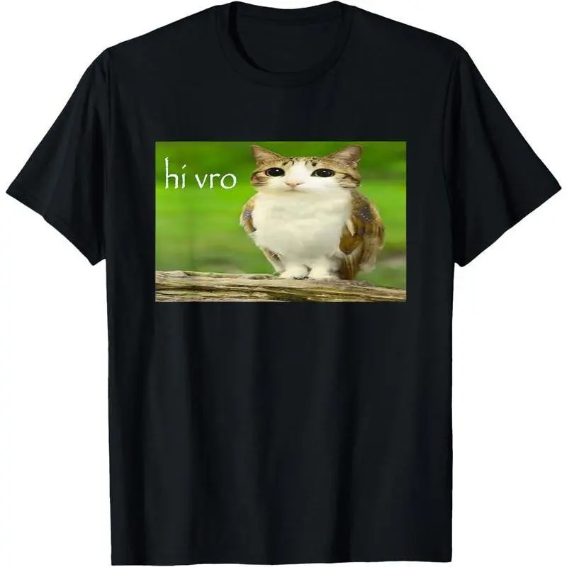 Shortsleeve Round Neck T-Shirt Featuring a Funny 'Hi Vro' Owl Cat Meme Print - Soft, Comfortable Everyday Style