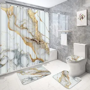 Luxury Marble Shower Curtain Set, 1pc/4pcs, Bathroom Decor, Shower Essentials, Includes 12 Hooks, Non-Slip Bath Mat, U-Shaped Pad, Toilet Seat Cover