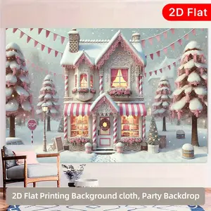 2D Flat, 1pc Winter Candy House Gingerbread House Party Backdrop with Pastel Pink & White Striped Bunting - 2D Flat Wall Decoration for Christmas, Birthdays, Weddings, New Year's - Indoor/ Door Banner, Photo Background, Candy-Themed Party Decorations,
