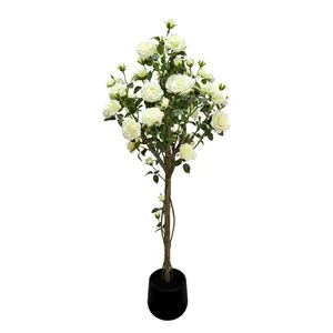 150cm Artificial White Rose Tree with Silk Flowers, Realistic Faux Rose Plant for Home Decor, Plastic Stem, Indoor Decoration for Living Room, Bedroom, or Entryway
