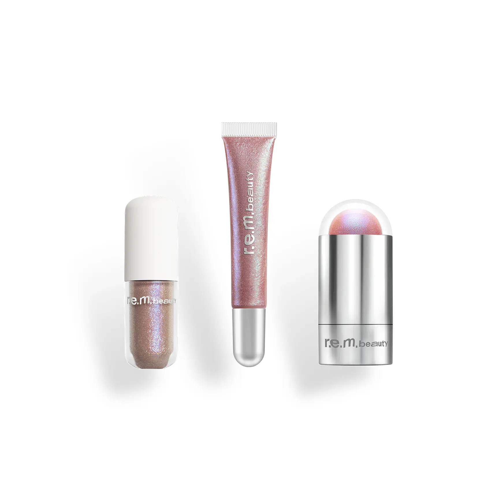 r.e.m. beauty by Ariana Grande fembot trio bundle - plumping lip gloss, eclipse glow stick, starlet lustrous eyeshadow, makeup set, all over glow