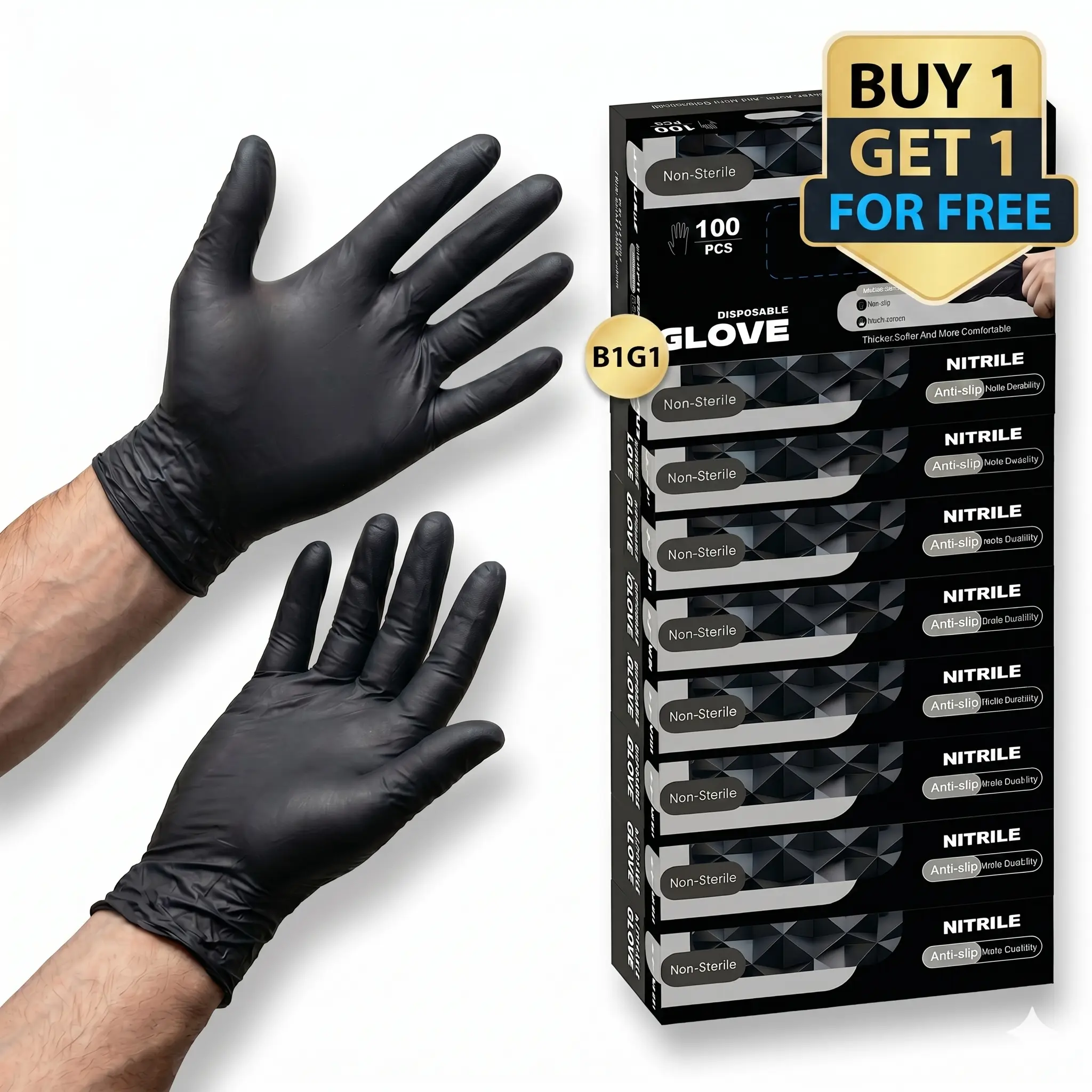 Buy 1 Get 1 Free Premium Black Synthetic Hand Nitrile Material Industrial Durable Cleaning Gloves - 100-Count Box, Antislip, High-Resistance, Comfortable for Mechanics