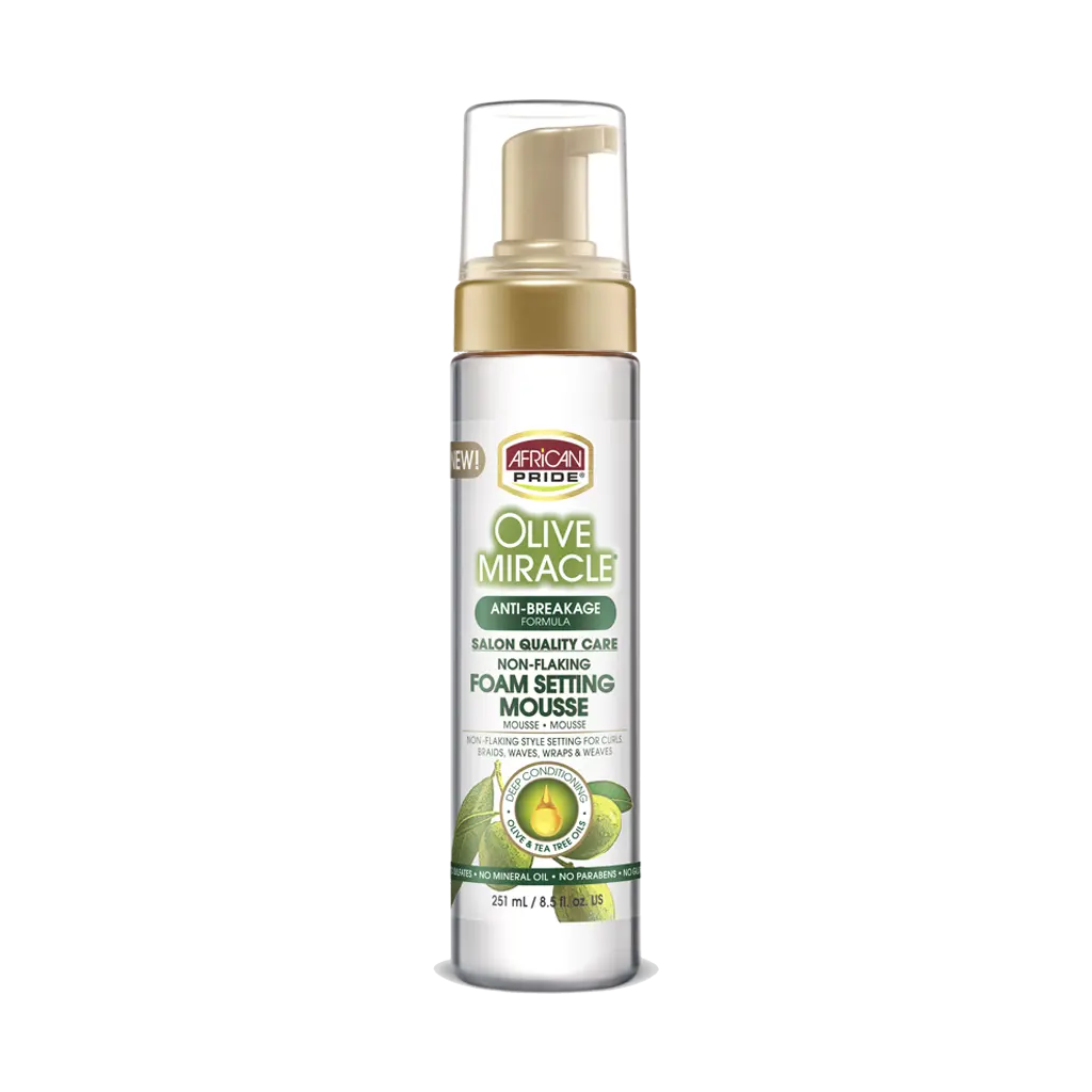 African Pride Olive Miracle Natural Salon Care Non-Flaking Foam Setting Mousse, Anti-Breakage Formula
