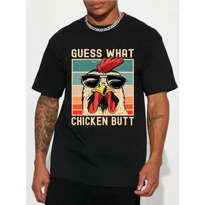 Guess What Chicken Butt Graphic T-Shirt Fun Casual Short Sleeve Summer Tee Black Colorful Rooster Design Cotton Fabric Soft Menswear Top hell star graphic tee t shirts shirts men y2k  outfits vintage cat