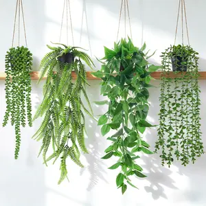 4Pcs Fake Hanging Artificial Ivy Vine Faux Eucalyptus Hanging Plants, Boston Fern, String of Pearls for Living Room Aesthetic Bedroom Boho Kitche Wall Shelf Indoor Outdoor Decor