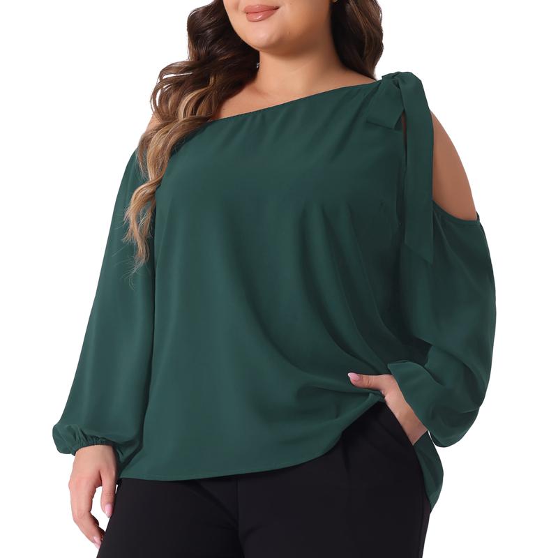 Agnes Orinda Plus Size Tops For Women Cold Shoulder Tie Long Sleeve Blouses Casual T-Shirt Tee Tops Dark Green