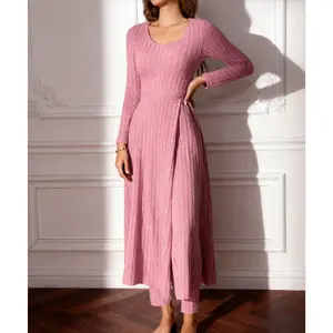 Women's Ribbed Two-Piece Set - Long Sleeve Maxi Duster Top & High Waist Pants, Casual Cozy Knit Outfit for Daily Wear Womenswear