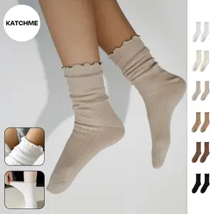 KatchMe Women's Solid Color Lettuce Trim 6-Pack Mid-Calf Socks, Soft Breathable Ribbed Cotton Stretch Socks, Versatile Mid Tube Socks, Smooth Hosiery