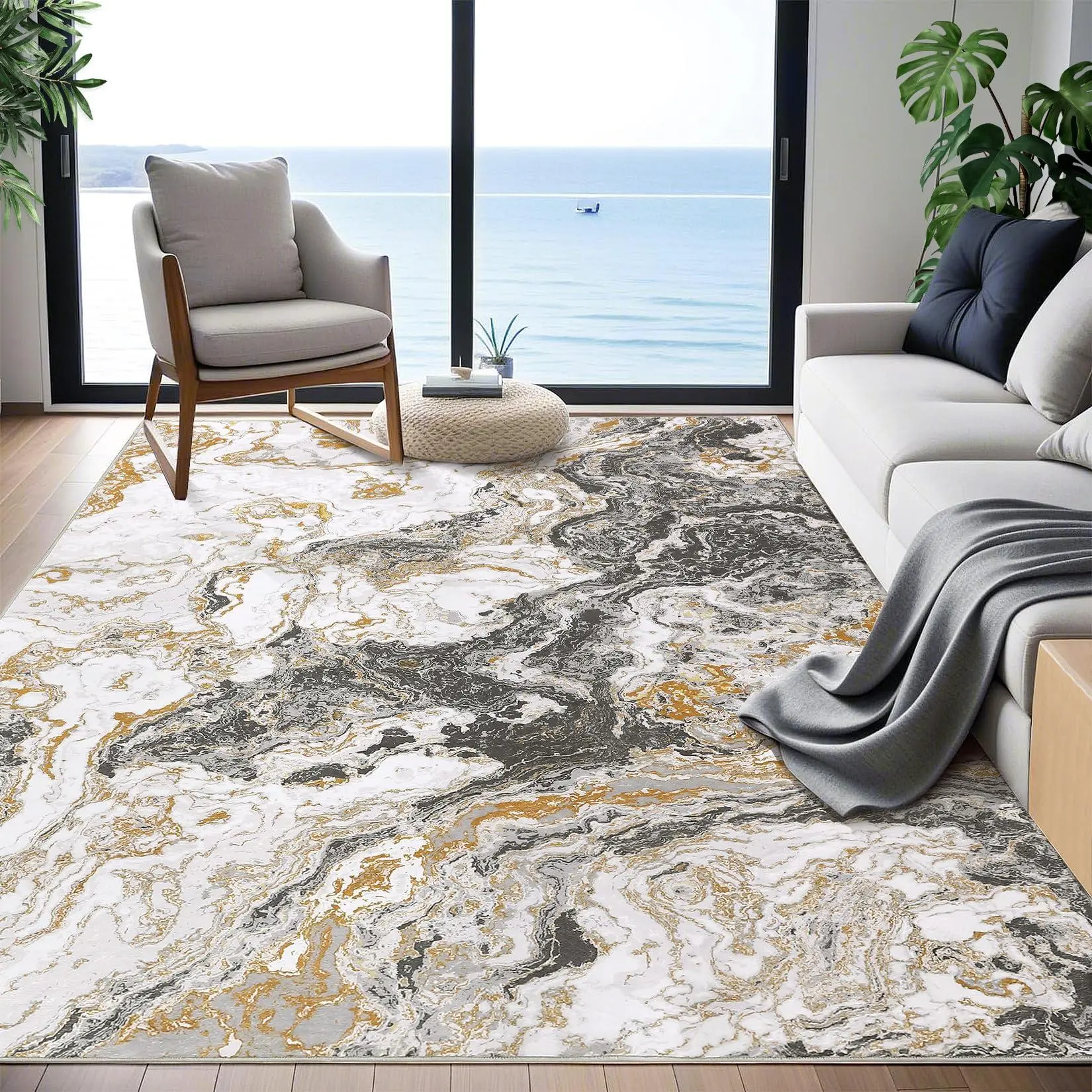 9*12ft Gray Modern Marble Runner, Washable Kitchen Rug Abstract Marble Pattern, Non Slip, Marble Look, One-Piece