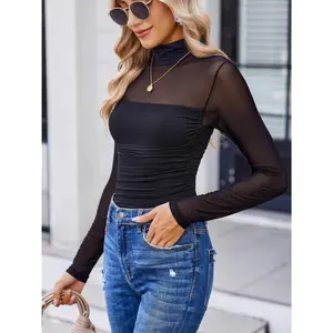 Women Long Sleeve Bodysuit Turtle Neck Shapewear Body Suits Mesh One Piece Leotard Shirt Going Out Tops Fall Outfits