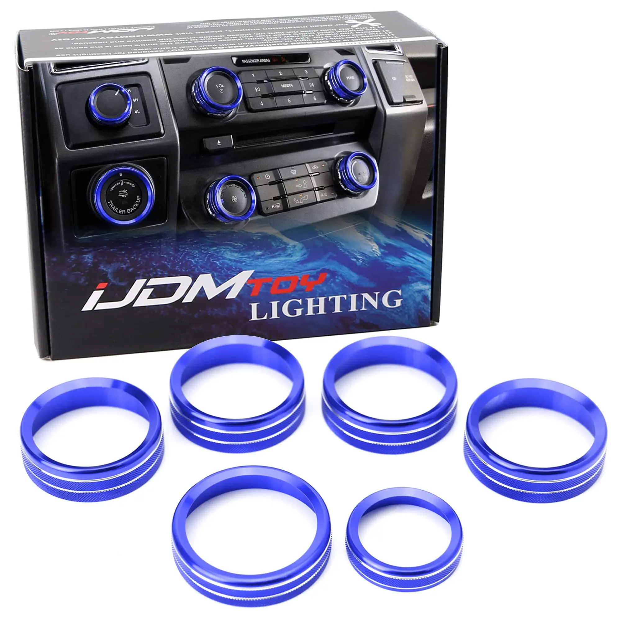 iJDMTOY 6pc Sports Blue Aluminum Air Conditioner Stereo Volume/Tune Trailer/4WD Switch Turner Ring Covers For 2016-2020 Ford F-150