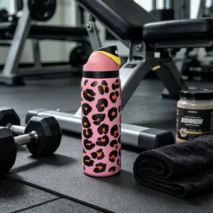 Owala 32oz Printed Leopard Pink Insulated Stainless Steel Vacuum Flask Cup with Lid, Bottled Drinkware, 24-Hour Cold Retention, Leak-Proof, Portable Reusable Stylish Kitchenware