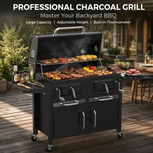 [SummerVibes]BESTFIRE Extra Large Heavy Duty Charcoal BBQ Grill – 2-Tier Enamel Grates & Warming Rack, Plus Dual Side Tables & 4 Heavy-Duty Wheels for Easy Mobility."
