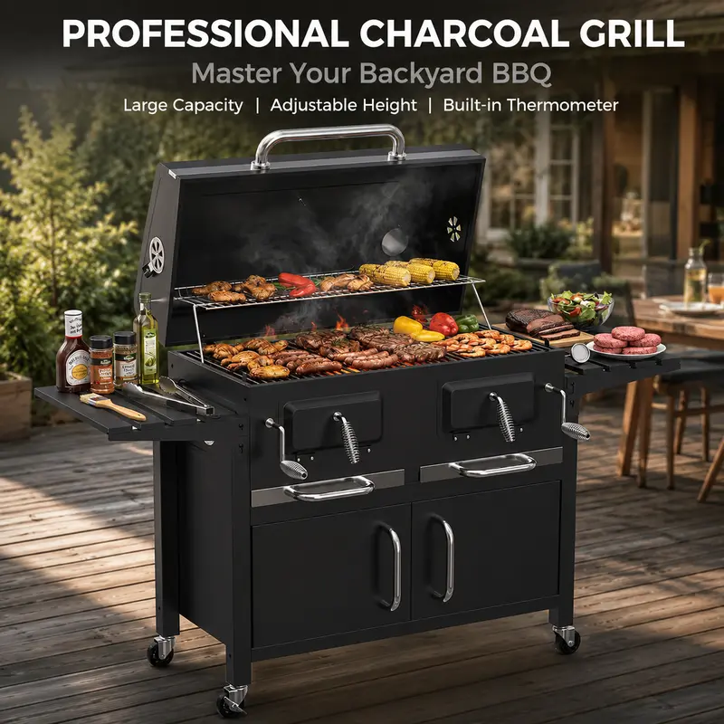 BESTFIRE Cast Iron Charcoal Combo Grill Set - 62.8" Wide Extra Large Heavy-Duty Outdoor BBQ Smoker with 2-Tier Enamel Grates, Dual-Zone Cooking, Foldable Shelves, Warming Rack, Side Shelf, Lock-Steady Wheels, Storage Cabinet for Backyard Parties