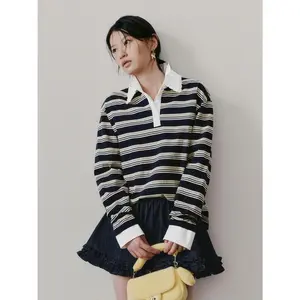 URBAN REVIVO Women's Knitting Blouse - 2026 Spring Casual Women's Clothes, Cotton Fabric, Color Block Trim, Lapel Collar, Long-Sleeve Striped Design, Multi-Size Top UYU460014