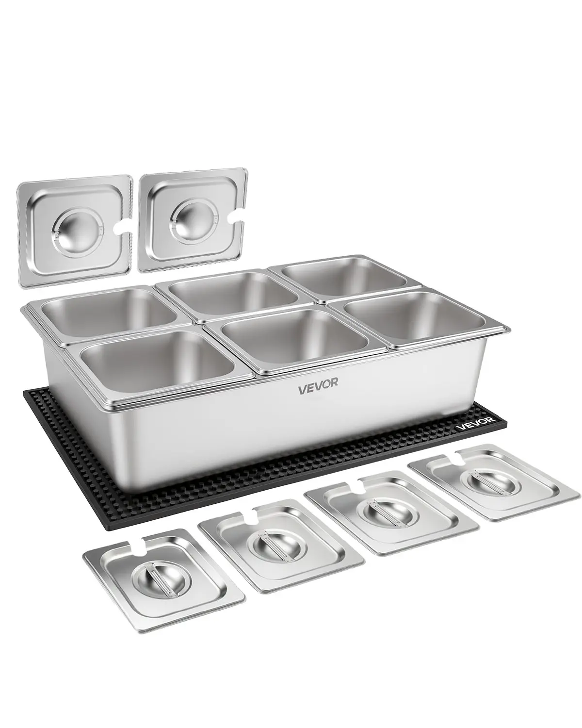 VEVOR Countertop Food Serving Display Container, Stainless Steel Food Salad Server Tray, Buffet Condiment Dispenser, Ice Cooled Rack with Separate Lid, for Restaurant, Hotel, Party (6x1/6 Pan)