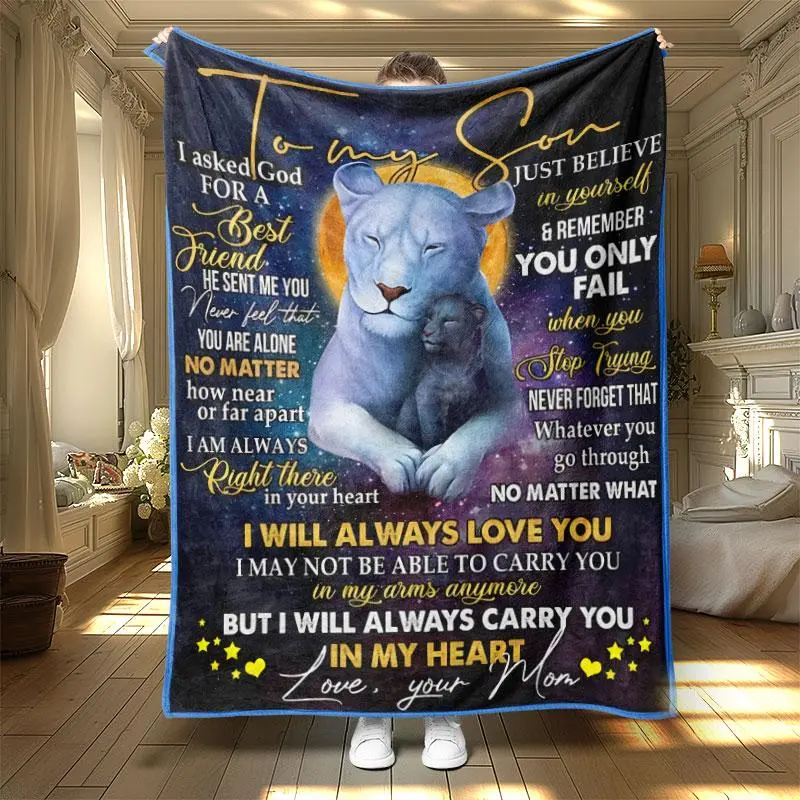Lion Pattern Flannel Blanket, 1 Count Letter For Son Soft Warm Nap Throw Blanket, Air-Conditioned Room Blanket For Home Office Travel Dormitory Sofa School
