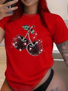 women's cherry & rhinestone decor round neck tee, casual short sleeve t-shirt for daily wear, ladies clothes for all seasons, top