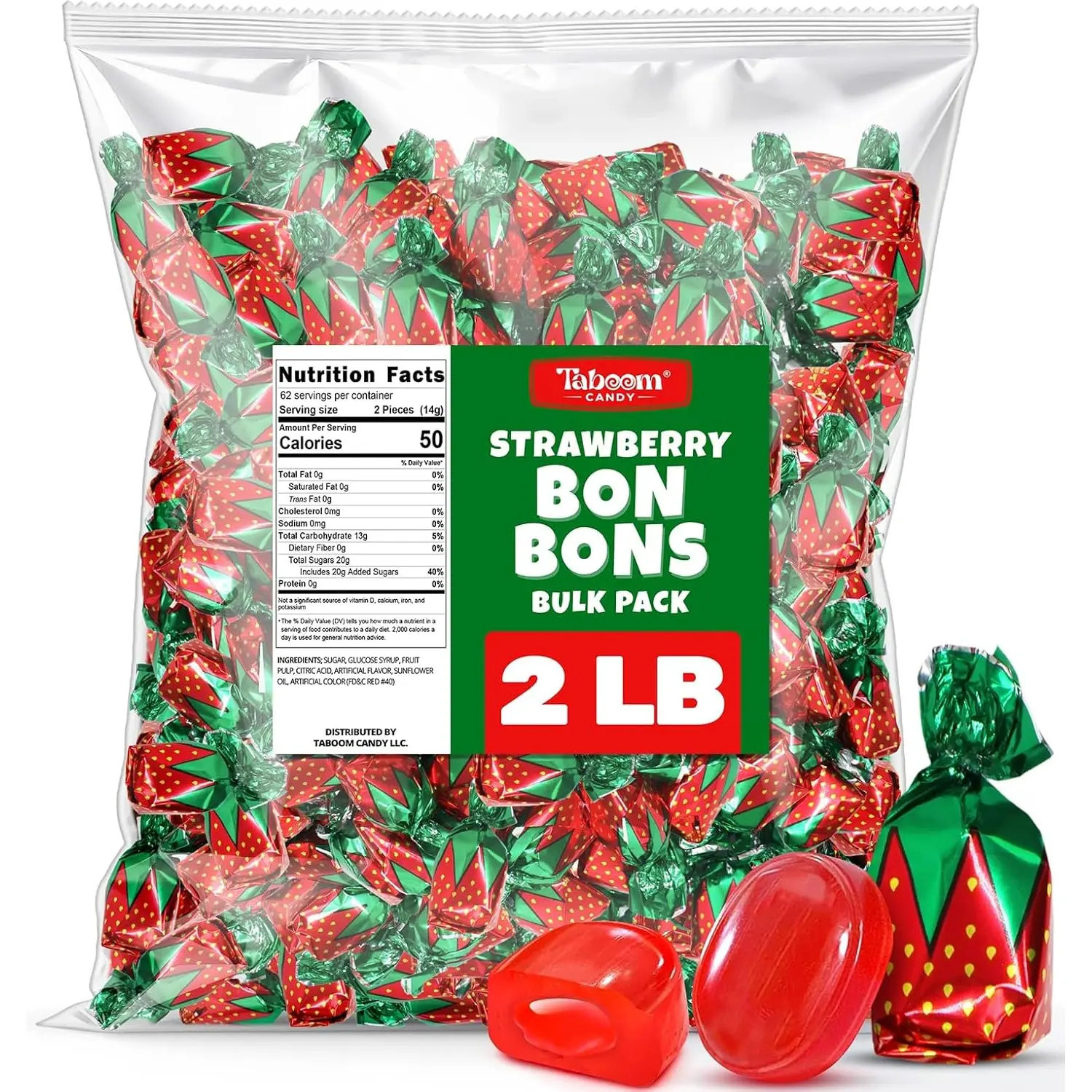 Strawberry Filled Hard Candy Bon Bons 2 lbs Bulk Pack - Individually Wrapped Fruit-Filled Candy, Classic Strawberry Hard Candy for Office Treats, Parties, and Snacks