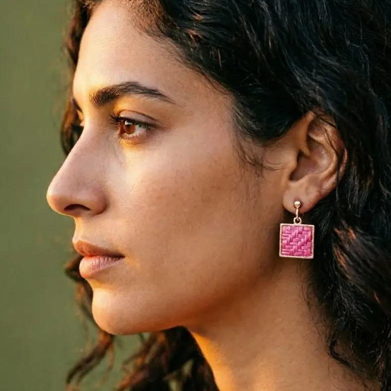 Women's Plant-Based Natural Bamboo Handcrafted Vintage Small Square Drop Earrings - Tiny Geometric Mini Weave Studio Style, Stainless Steel Hypoallergenic Cubic Zirconia Casual Deaf Artisans Female Gift Studs