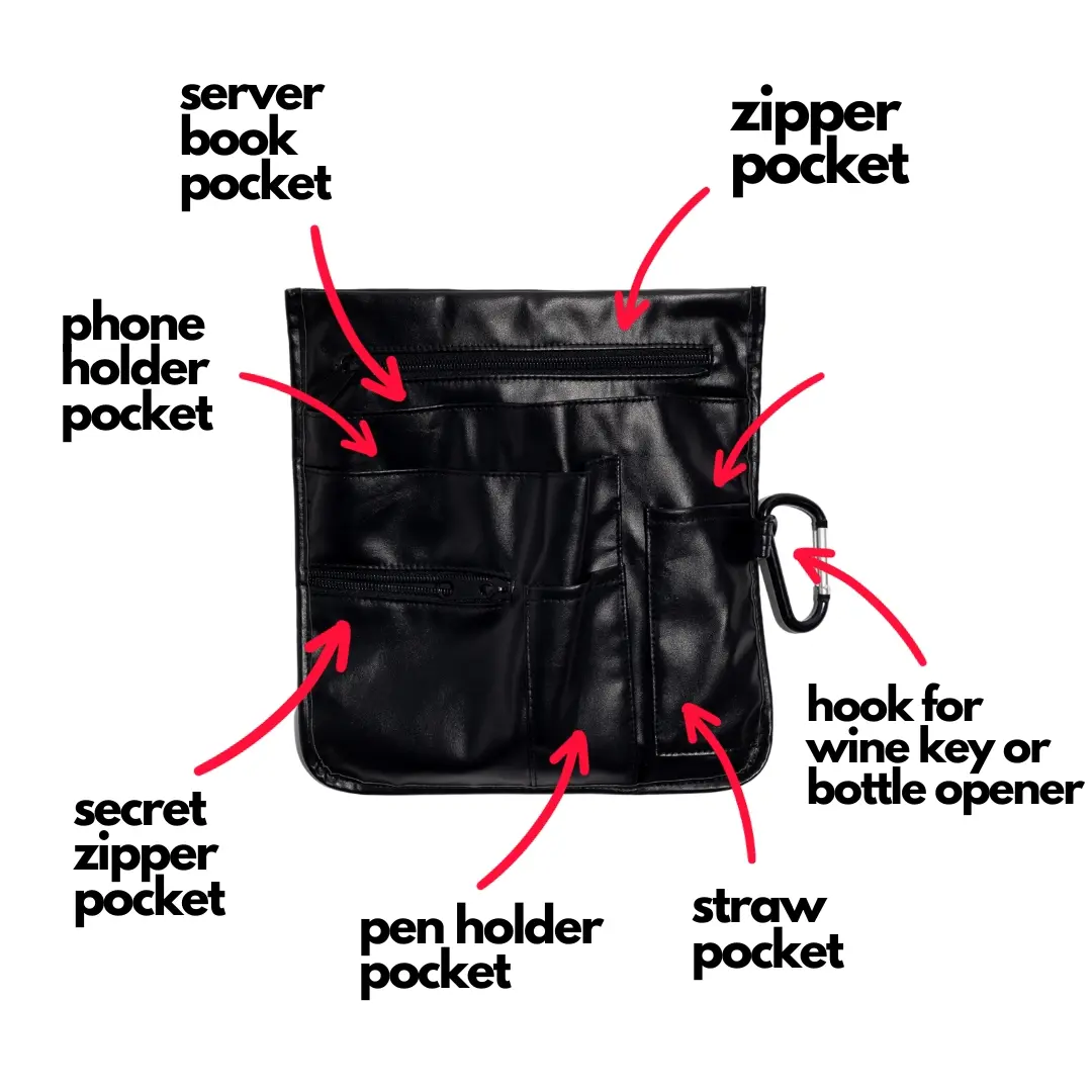 Server Apron with 6 Pockets – Black PU Leather Waitress & Bartender Waist Apron with Zipper Pocket & Wine Key Hook
