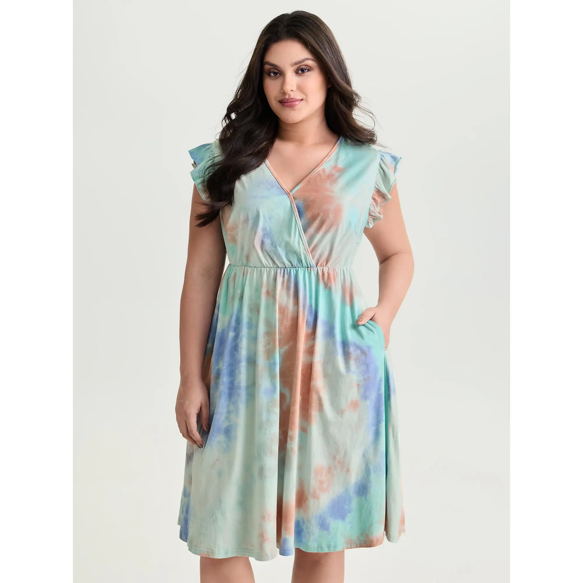 BloomChic Women's Plus Size Playful Tie-Dye Midi Dress, Casual Cotton Spandex Wrap with an Overlap Collar and Hidden Pockets, Garment