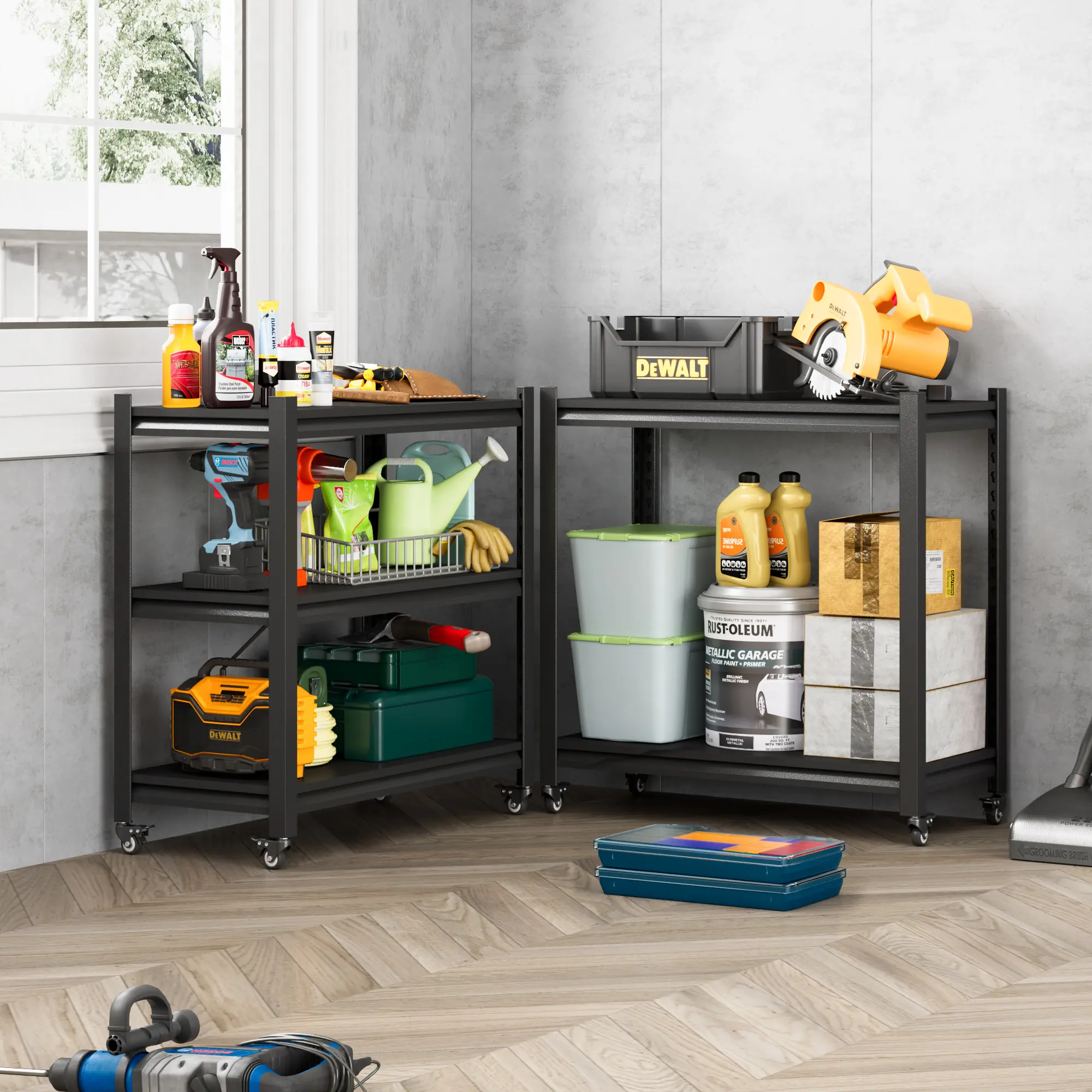 LONGLINK Outdoor Tool Storage Rack with 3 Shelves, Casters for Organization, Mobility