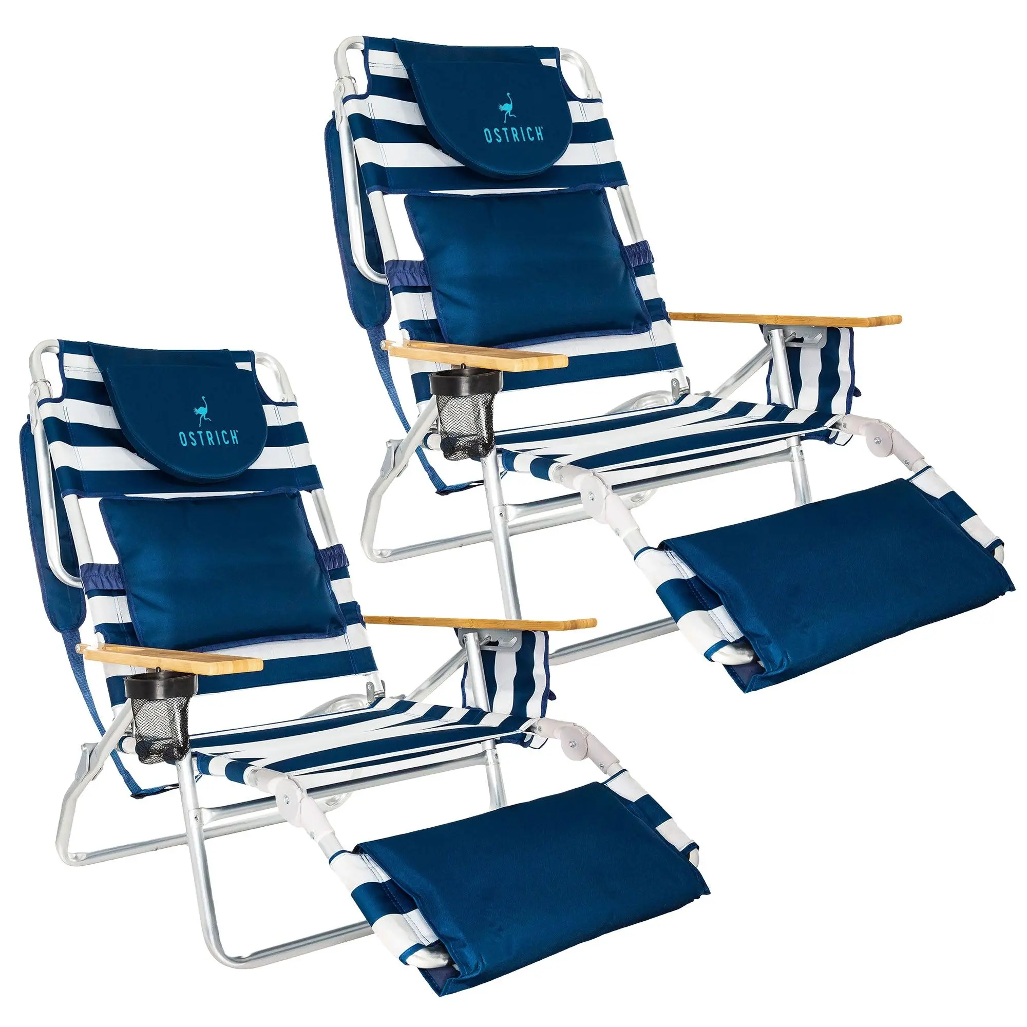 Ostrich Deluxe Padded 3-N-1 Outdoor Lounge Reclining Beach Chair, Blue (2 Pack)