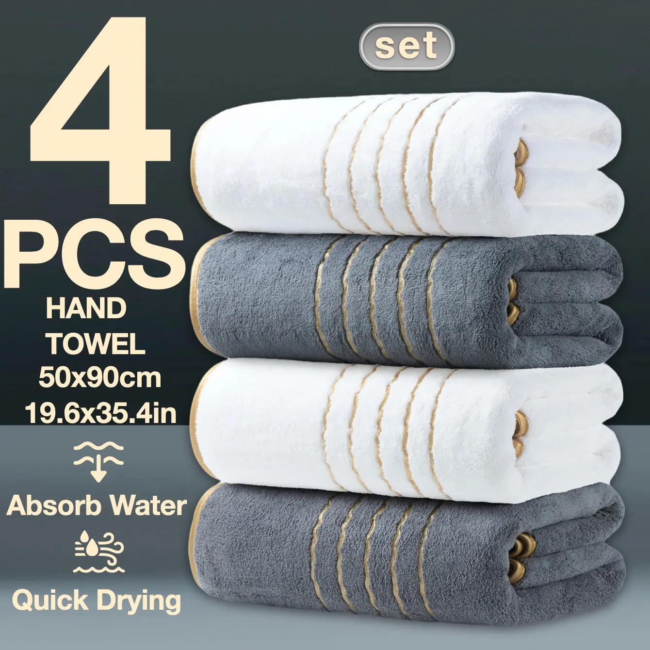 4-Piece Gold Trim Face Towels, 50x90cm Ultra Absorbent Microfiber, Quick-Dry Spa & Home Use, Reusable for All Seasons