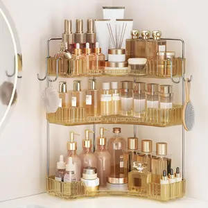 Golden 3-Tier Corner Organizer, Countertop Shelf with| Makeup & Skincare Organizer for Sink and Counter