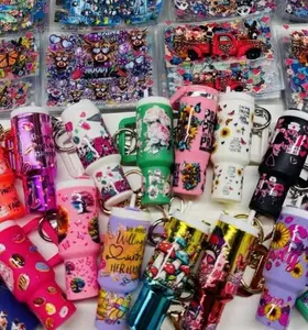 Random 38pcs high-end trendy fashion Mini Tumbler Cup Gradient color Keychains and Stickers--18pcs mini cup Gradient color keychain +20pcs cartoon sticker