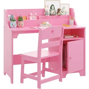 Kids Desk and Chair Set,Study Desk for Kids with Hutch, Storage Cabinet, Wooden Children Study Table, Student Writing Desk Computer Workstation for Kids Bedroom & Study Room,White