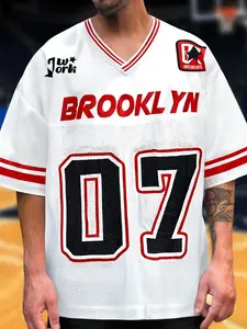 Men's Vintage Basketball Jersey, Brooklyn Slogan with Number 07, Mesh V-Neck Short Sleeve, Street Style Summer Wear