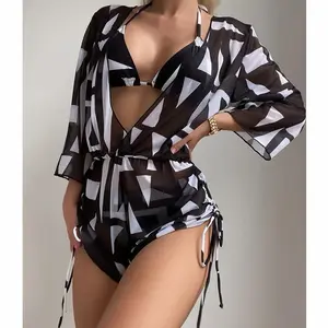 The latest long-sleeved mesh waist one-piece swimsuit, sexy high-waisted printed drawstring, European and American three-piece bikini.