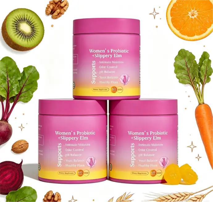 Her Juicy Edible Feminine Probiotic Vitamins 60 Pineapple Gummies, Slippery Elm & Prebiotics Formula Eases Intimate Dryness and Maintains Healthy Gut Flora