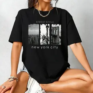 Women's simple printed round-neck short-sleeved T-shirt, suitable for everyday wear, street style, featuring New York City Empire State Building, Statue of Liberty, and Brooklyn patterns.
