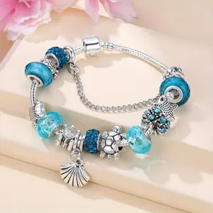 Oceanic Turtle and Starfish Beaded Bracelet with Blue Shell Flower Pendant Perfect Gift for Women