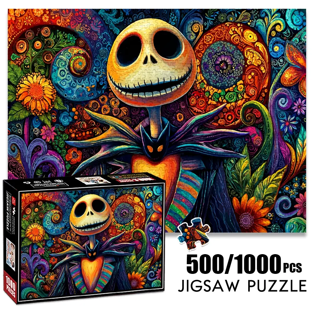 1pc 1000 piece adult puzzle 70x50cm Colorful Skeleton with Floral and Swirl Background 500 pieces paper jigsaw puzzle suitable for DIY creative games for adults and families, birthday and holiday str Art Puzzles Gift