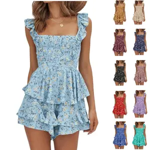 Imily Bela Womens Sexy Summer Romper Floral Square Neck Ruffle Strap Layer Hem Shorts Jumpsuits