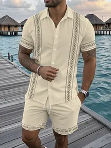 2026 summer Hawaiian casual shirt set, simple geometric pattern design, skin friendly breathable fabric, stand up collar top, drawstring shorts, tropical style, daily travel beach vacation casual wear, Shorts Sets, Outfit, Man