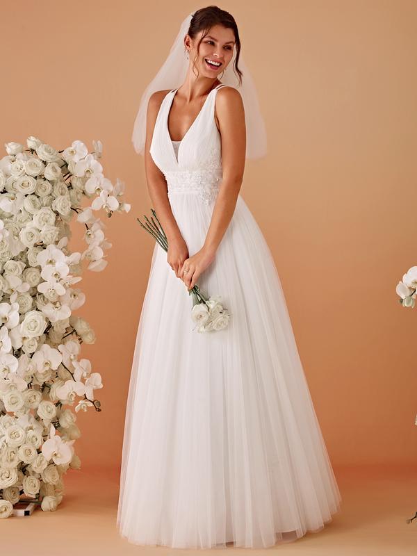 Ever-Pretty Sleeveless V-Neck Lace Tulle Long Dress – Backless Valentine dress Bride Wedding Dress and Bridesmaid Dress, Flowy and Slim Fit Gown for Summer Ceremony 01946