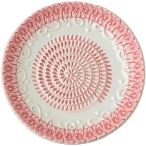 All-in-one Premium Ceramic Garlic Grater Plate 4-Piece Set - Pink Embossed Design, For Garlic, Ginger, Chocolate and More - Comes with 5.25" Plate, Peeler, Brush and Stand