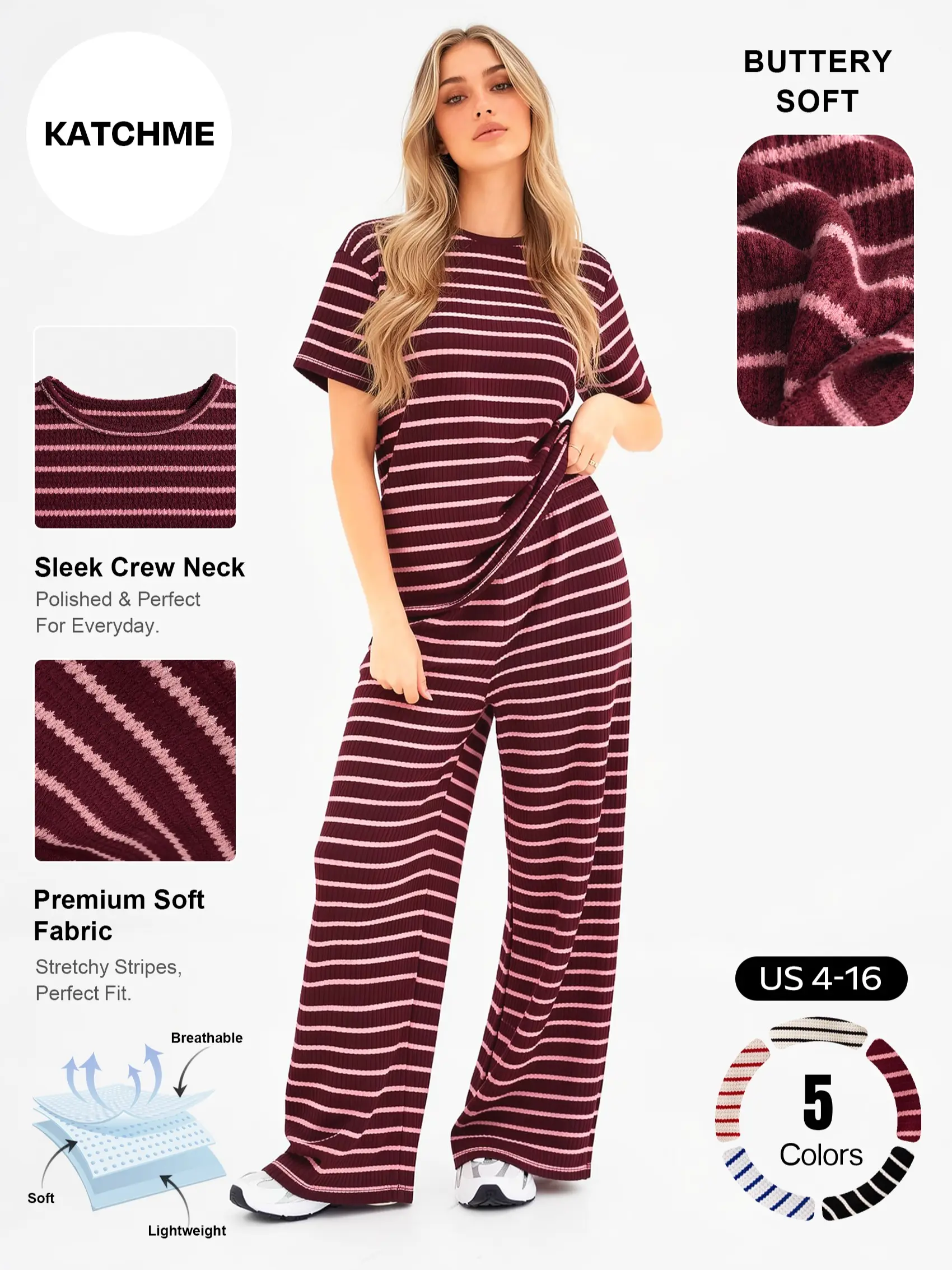Katch Me Chic Women's Casual Color-Matching Stripe Loose Short Sleeve Top & Wide Leg Trousers co-ord, Versatile Wrinkle-Resistant Breathable Two Piece Sets, Spring & Summer Drapable Daily Outfit #TikTokMadeMeBuyIt #StyleInspo #MatchingSet