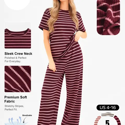 Katch Me Chic Women's 2-Piece Striped Short Sleeve Top & Wide Leg Trousers Co-ord Set, Wrinkle-Resistant Breathable Fabric, Soft Drapable Loose Daily Outfit for Spring & Summer #TikTokMadeMeBuyIt #ComfyOutfit