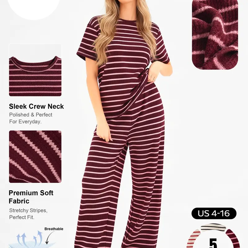Katch Me Chic Women's 2-Piece Striped Short Sleeve Top & Wide Leg Trousers Co-ord Set, Wrinkle-Resistant Breathable Fabric, Soft Drapable Loose Daily Outfit for Spring & Summer #TikTokMadeMeBuyIt #ComfyOutfit