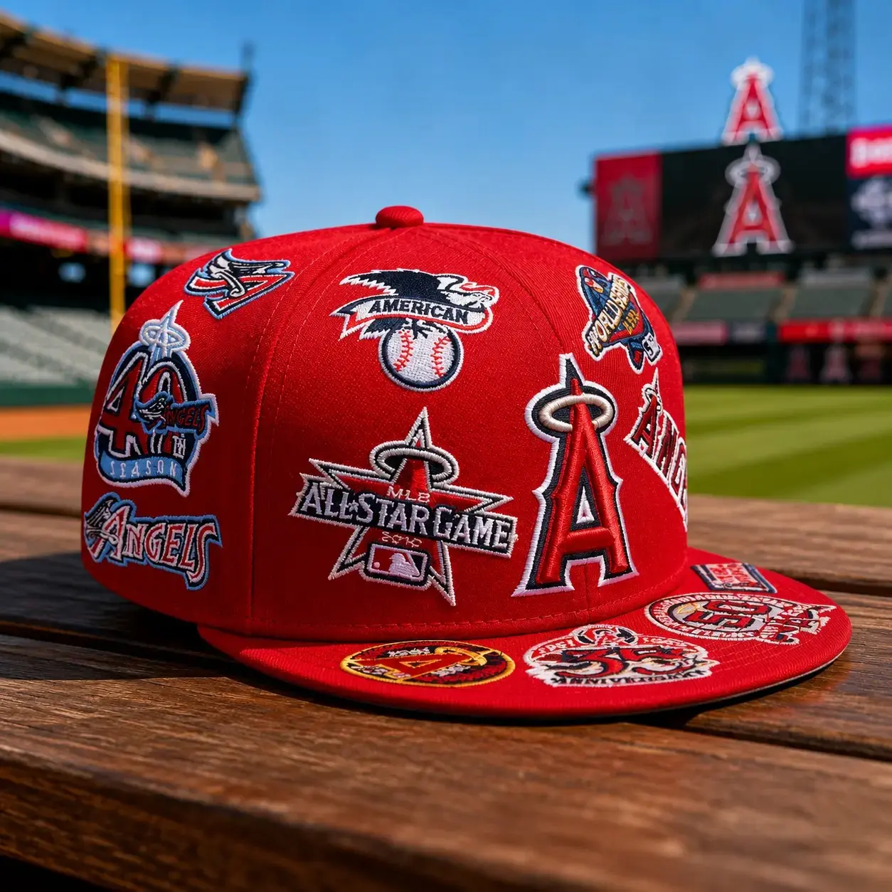 Los Angeles Angels New Era All Over Patch 59FIFTY Fitted Hat – Red Flat Brim Baseball Cap - TikTok Shop