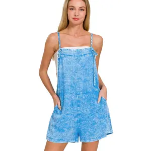 Zenana Washed Linen Knot Strap Rompers