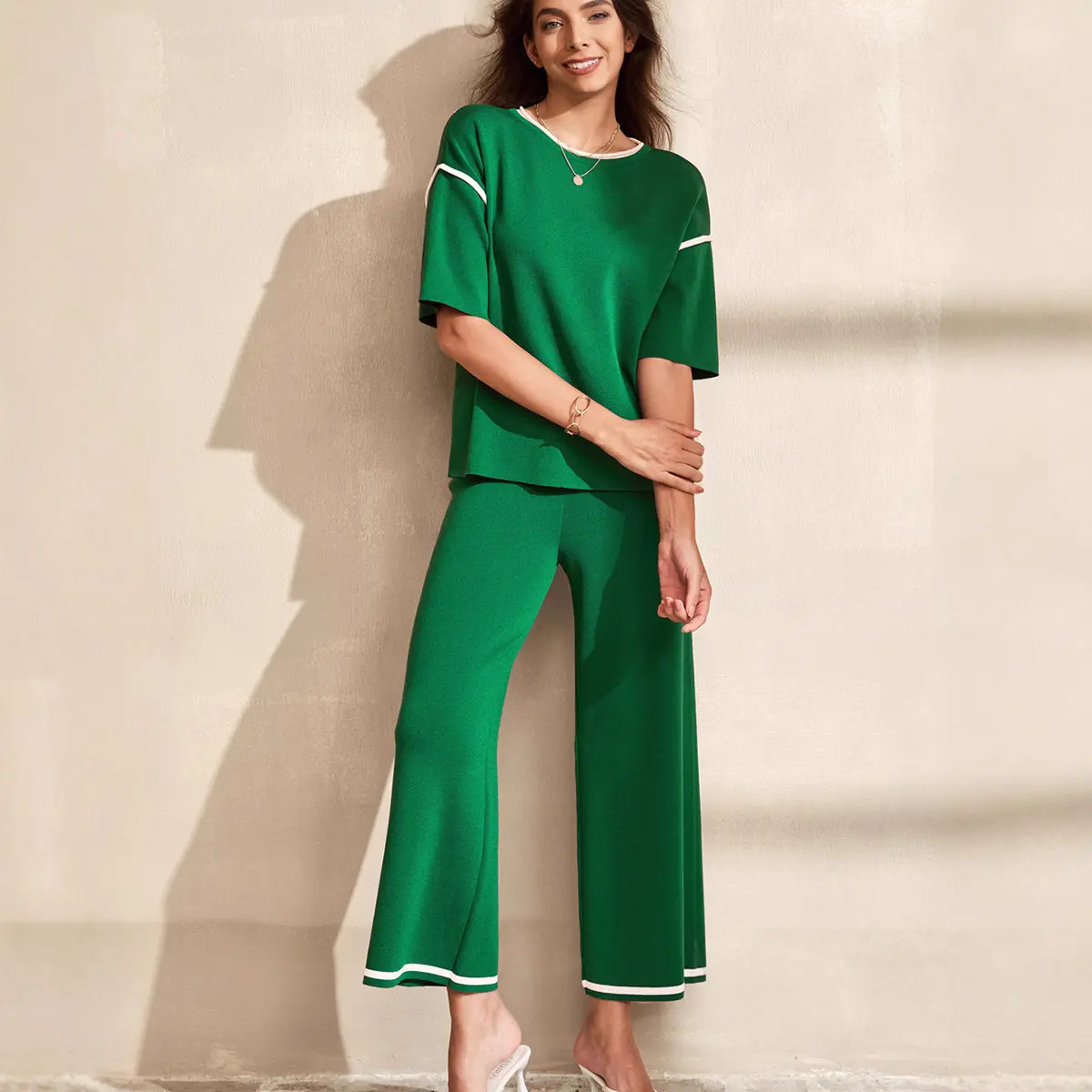 Women's Solid Pajama Set, 2-Piece Casual Nightwear with Contrast Trim, Short-Sleeve Top and Comfy Wide-Leg Pants, Pyjamas, Lady, Comfy Sets, Shortsleeve, Basic, Loungewear, Korean, Normal Type, Plus Size, Pyjama Sets, Solid Contrast Trim