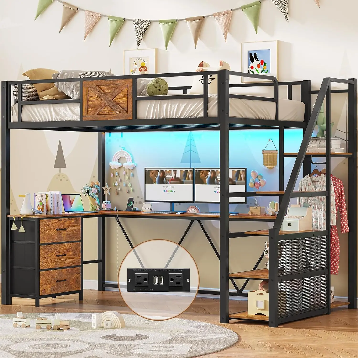 Itaar Stairway Twin Size Loft Bed with L Shaped Desk and Wardrobe, Metal Loft Bed Frame with Storage Stairs, 3 Fabric Drawers, LED Lights & Charging Sation
